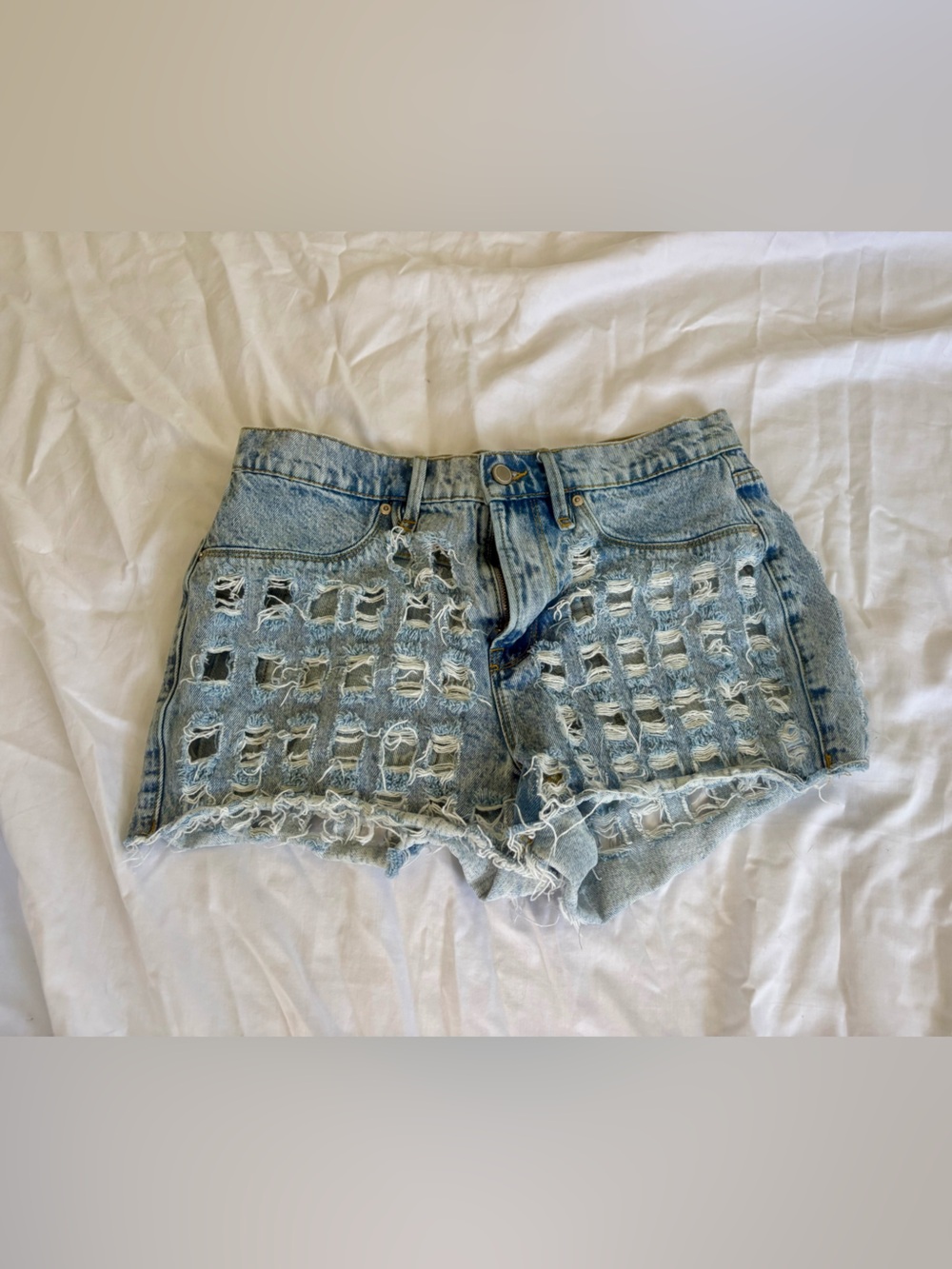 Good American Light Blue Distressed Grid Cutoff Denim Shorts
